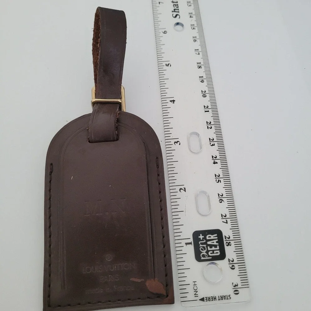 Louis Vuitton Brown Leather Luggage Tag Gold Buckle Travel Accessory MN Monogram